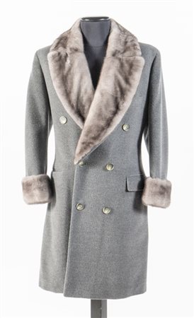 AGNONA Cappotto lungo in lana e cashmere grigio con rifiniture del collo e...