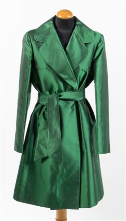 DOLCE & GABBANA Trench a doppiopetto con cintura in misto seta verde. Riporta...