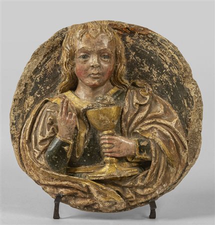 Santo con eucarestia, tondo in terracotta, 