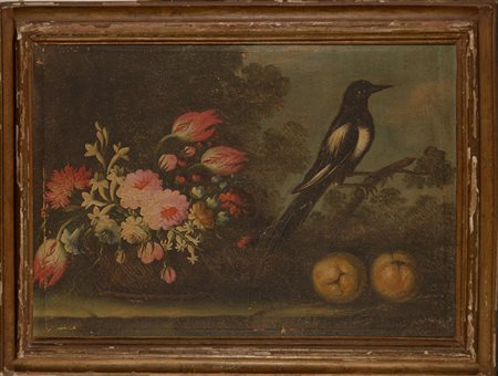 Scuola italiana del XVII secolo Coppia di nature morte con fiori e animali...