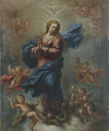 Scuola spagnola del XVII secolo Madonna in gloria Olio su tela, in cornice...