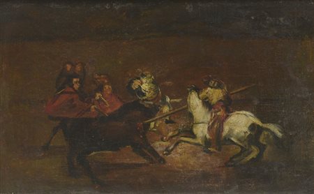 Eugenio Lucas Velàzquez (Madrid 1817 - Madrid 1870) Corrida Olio su tela, in...