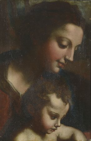 Scuola italiana del XVII secolo Madonna col bambino Olio su tela, in cornice...