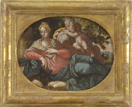 Scuola emiliana del XVII secolo Madonna col Bambino e San Giuseppe Olio su...