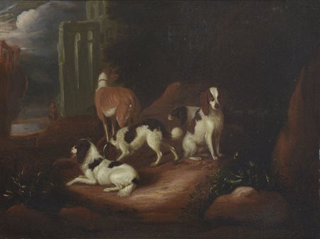 Adriaen Cornelisz Beeldmaker (1618 - 1709) Cani a riposo con paesaggio di...