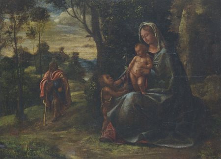 Scuola veneta del XVI secolo Madonna col Bambino e San Giovannino Olio su...