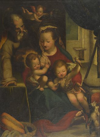 Sacra famiglia Scuola marchigiana del XVI secolo Olio su tela, in cornice cm....