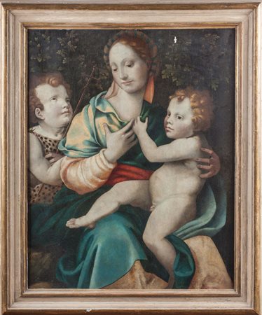 Scuola toscana del XVI secolo Madonna col bambino e San Giovannino Olio su...