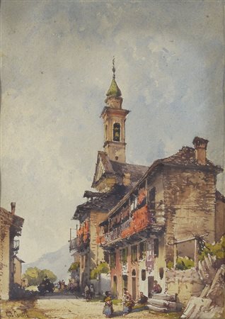 Gabriele Carelli (1821-1900) Veduta con chiesa e campanile Acquarello su...