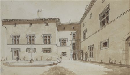 Scuola francese del XIX secolo Interno di un cortile con figure Inchiostro...