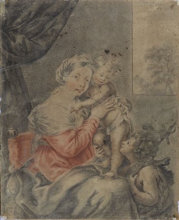 Scuola italiana del XVII secolo Madonna col Bambino e San Giovannino Matita...