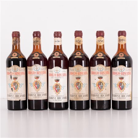  
Lotto di 6 bottiglie Chianti Brolio Riserva Casa Vinicola Barone Ricasoli 1958
 