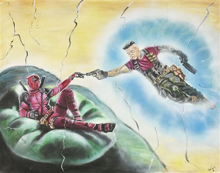 Kurt Vincenzi LA CREAZIONE DI DEADPOOL olio su tela, cm 80x100 firma sul...