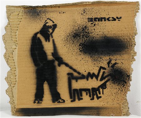 Banksy BARKING DOG (HARING) sprayed stencil graffiti su cartone, cm 26x31 sul...