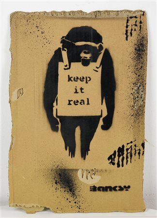 Banksy KEEP IT REAL sprayed stencil graffiti su cartone, cm 38x26 sul retro:...