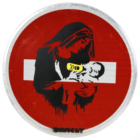 Da Banksy VIRGIN MARY stencil print su cartello stradale, cm 47x47x3 firma in...