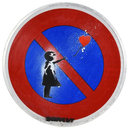 Da Banksy GIRL WITH BALLOON stencil print su cartello stradale, cm 47x47x3...