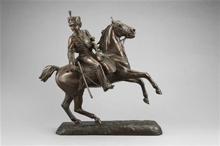 Stanislao Grimaldi "Ussaro a cavallo" 
gruppo in bronzo con dettagli in metallo