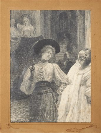 Angelo Dall'Oca Bianca "Fuori dalla chiesa" 
carboncino su carta (cm 50x36)
Firm