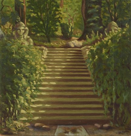 Piero Marussig "Scalinata in un giardino" 
olio su faesite (cm 40x38,5)
In corni