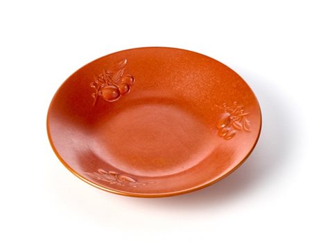 Angelo Biancini Piatto in ceramica smaltata in rosso-arancio decorato con frutti