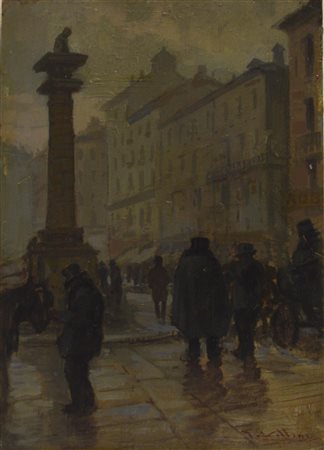 Giulio Vittini PIAZZA SAN BABILA olio su tavola, cm 25x18 firma sul retro:...