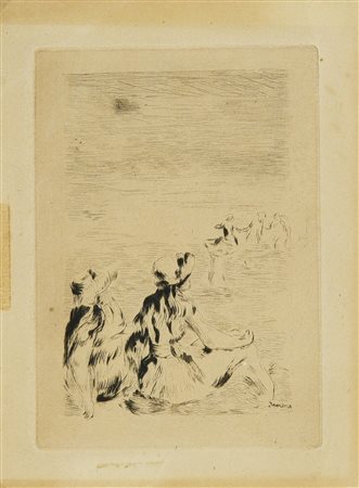 Pierre Auguste Renoir SUR LA PLAGE A BERNEVAL puntasecca, cm 13,6x9,4, su...