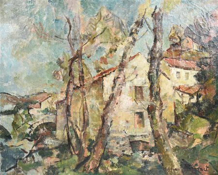 Aymar Mermet PAESAGGIO CON CASOLARI E ALBERI olio su tela, cm 54,5x64,5 firma