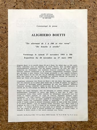 ALIGHIERO BOETTI - Comunicato stampa - Grenoble, 1993