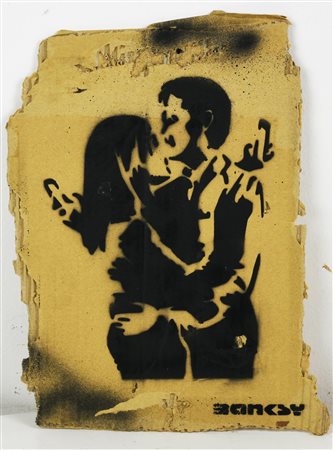 Banksy MOBILE LOVERS sprayed stencil graffiti su cartone, cm 36x26 sul retro:...