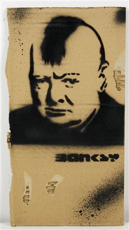 Banksy TURF WAR sprayed stencil graffiti su cartone, cm 37x19 sul retro:...