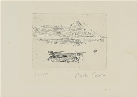 Carlo Carrà BARCA SOLITARIA acquaforte, cm7x9,3, su foglio cm 12,5x17; es....