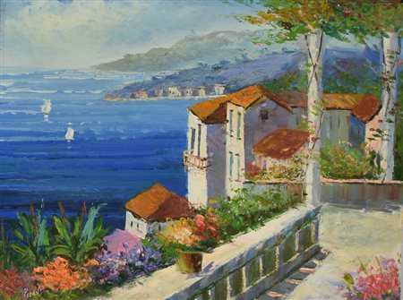 A. Pisani PAESAGGIO LIGURE olio su tela, cm 30x40 firma sul retro: firma,...