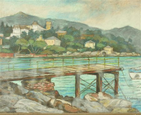 F. Solinas PAESAGGIO COSTIERO tempera su cartone, cm 45x52 firma