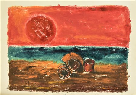 M. Ottone TRAMONTO ROSSO tecnica mista su carta, cm 68,5x48 firma