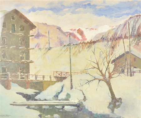 Ignoto PAESAGGIO INNEVATO olio su cartone, cm 48x59 firma