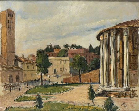 LUIGI SURDI (Napoli, 1897 - Roma, 1959): Veduta del tempio di Ercole Vincitore a Roma, 1940