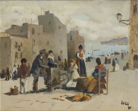 LUIGI SURDI (Napoli, 1897 - Roma, 1959): Scena di paese sul mare, 1940