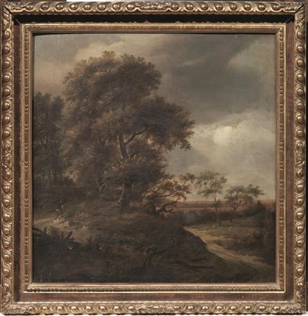 Jan Wijnants(Haarlem 1632-Amsterdam 1684)PAESAGGIO CON FIGURAolio su tavola,...