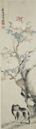  Arte coreana  - Rotolo verticale "gatto all'ombra di una grande roccia e di una pianta di peonia"
Korea (?), dinastia Joseon, XIX secolo.