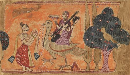  Arte Indiana - Miniatura raffigurante Sarasvati sul pavone 
India Settentrionale, Rajasthan, XIX secolo o antecedente.