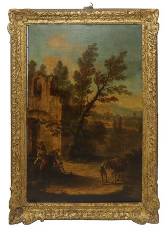 Francesco Zuccarelli (attribuito a) (Italian 1702-1788)  - Paesaggio con alberi e personaggi in attività lavorative