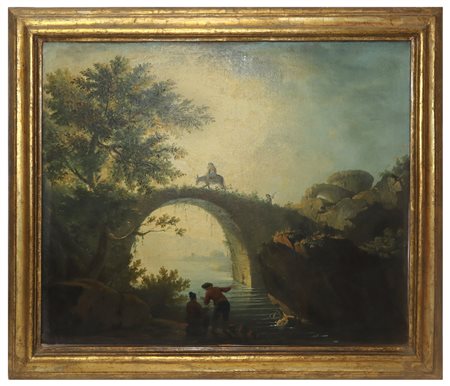 Paesaggio fluviale con ponte personaggi e torri, Italian painter of the 18° secolo.