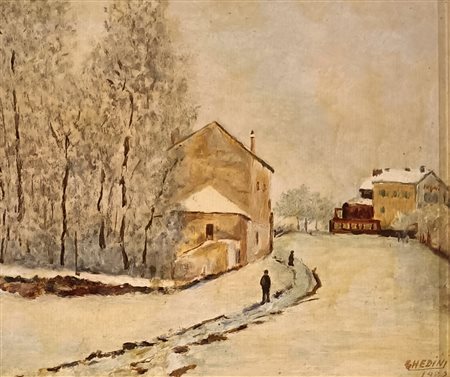 GHEDINI LUIGI Bologna (Bo) 1918 Paesaggio 1982 Olio su cartone telato...