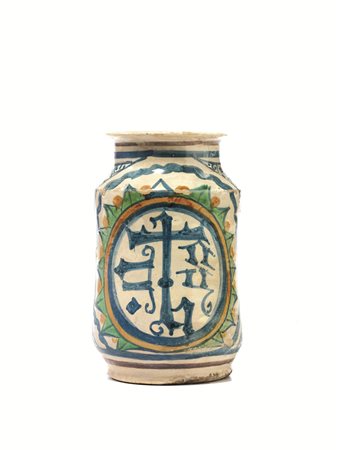 Albarello, Montelupo, sec. XVI, in maiolica, decorata con monogramma...