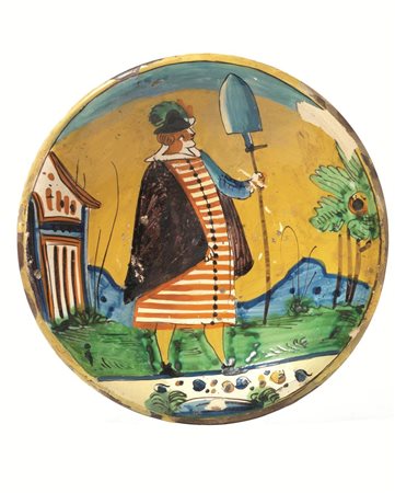 Piatto &quot;Arlecchino&quot;, Montelupo, sec. XVII, in maiolica, decorato...