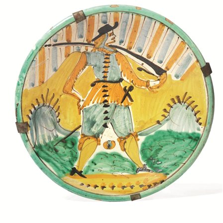 Piatto &quot;Arlecchino&quot;, Montelupo, sec. XVII, in maiolica, superficie...