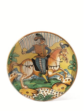 Piatto &quot;Arlecchino&quot;, Montelupo, sec. XVII, in maiolica, superficie...