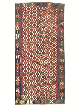 Tappeto Kilim Anatolico, metà sec. XIX, fondo bianco cosparso da decori a...