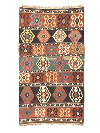 Tappeto caucasico Kilim Pallas, metà sec. XIX, decorato a bande orizzontali...